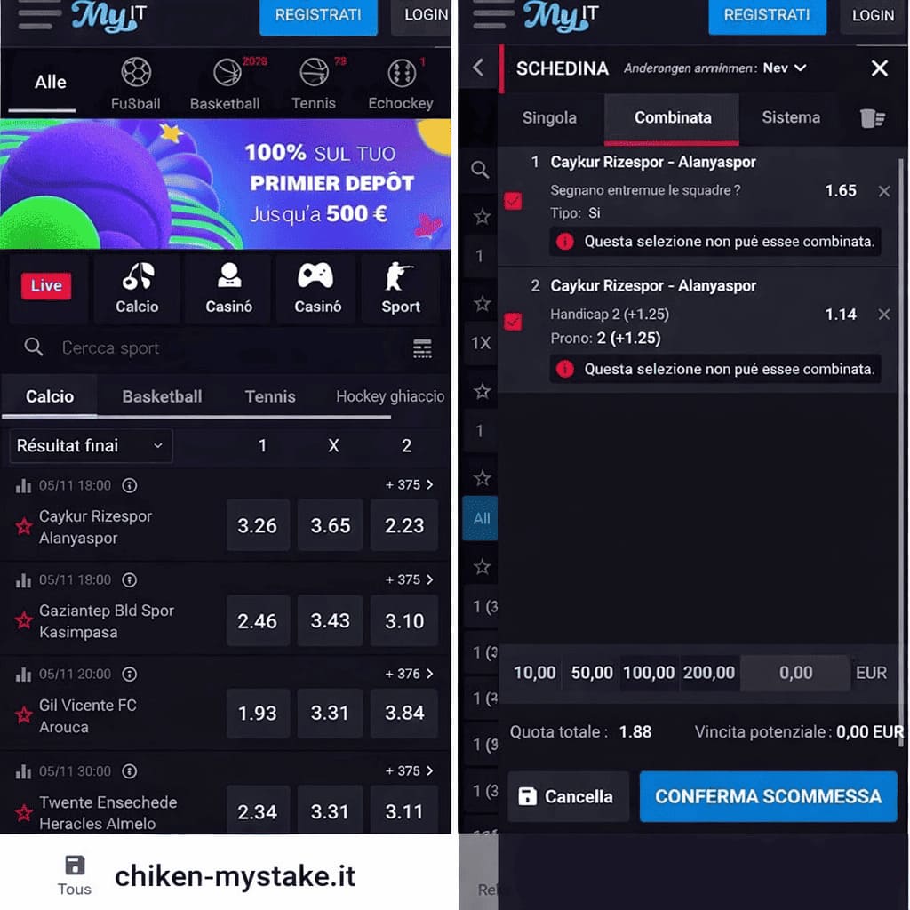 App MyStake con schermata delle scommesse sportive e schedina combinata su chiken-mystake.it