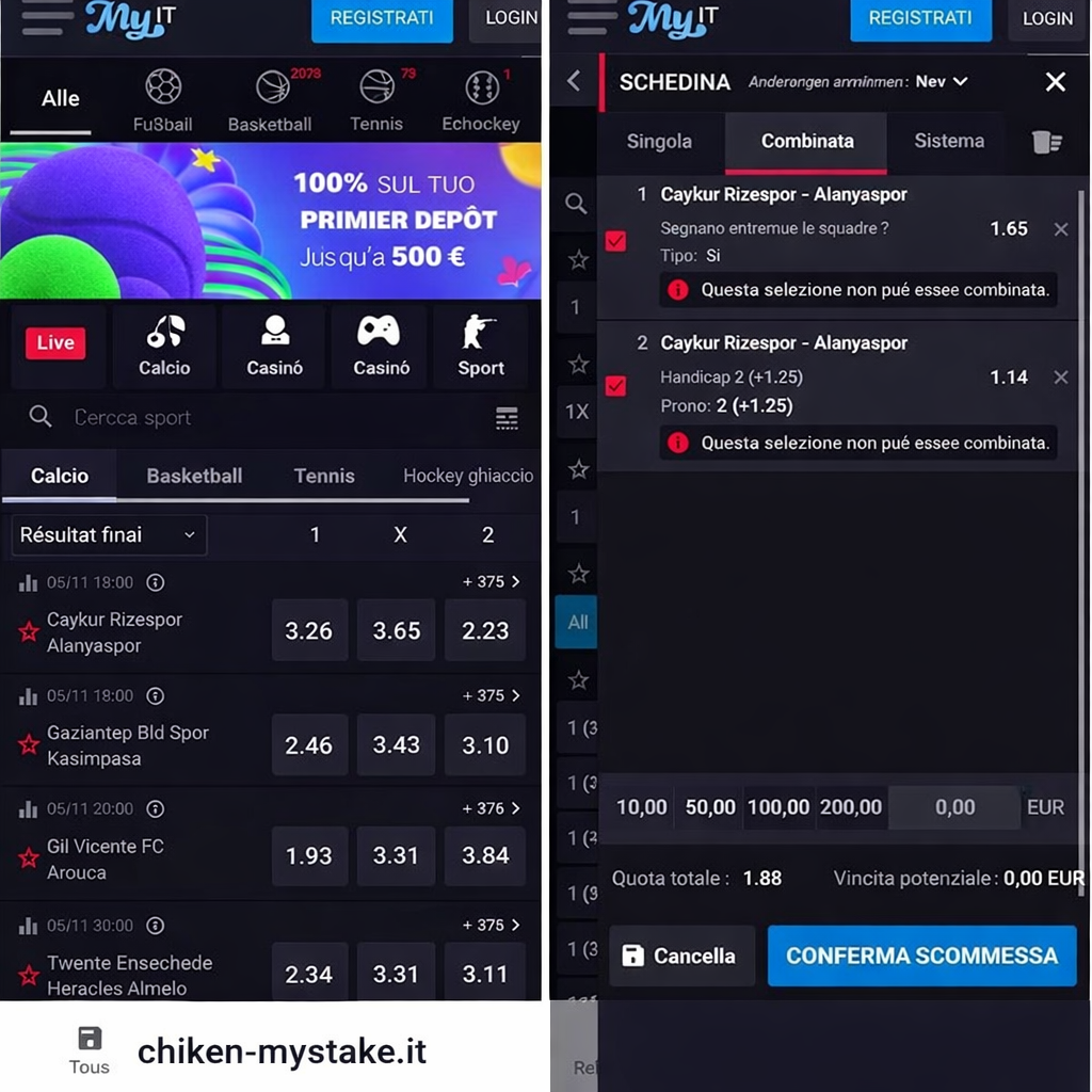 Alt in italiano: App MyStake con schermata delle scommesse sportive e schedina combinata su chiken-mystake.it